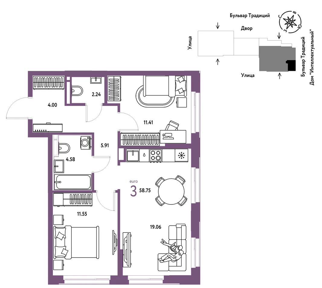 Планировка 3-комн. квартира, 58.75 м² ЖК «Микрорайон Домашний»