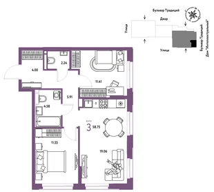 Планировка 3-комн. квартира, 58.75 м² ЖК «Микрорайон Домашний»