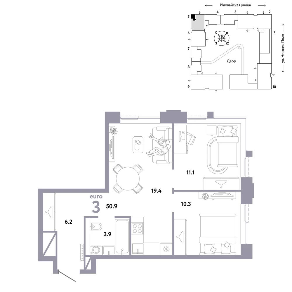 Планировка 3-комн. квартира, 50.9 м² ЖК «Страна.Заречная»