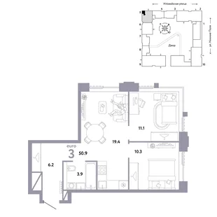 Планировка 3-комн. квартира, 50.9 м² ЖК «Страна.Заречная»