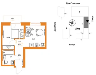 Планировка 1-комн. квартира, 33.43 м² ЖК «Европейский берег 2.0»
