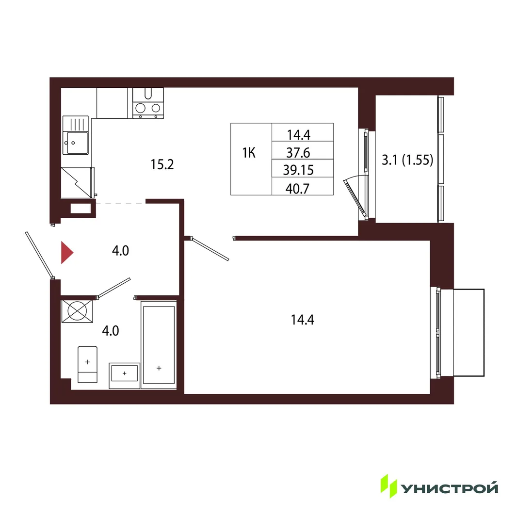 Планировка 1-комн. квартира, 39.15 м² ЖК «Лисино»