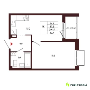 Планировка 1-комн. квартира, 39.15 м² ЖК «Лисино»