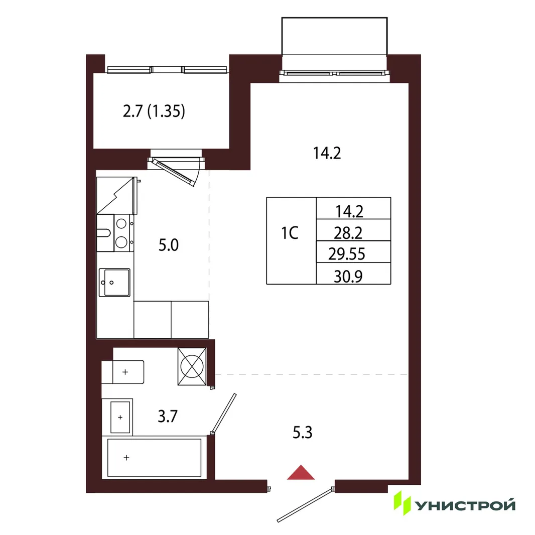 Планировка 1-комн. квартира, 29.55 м² ЖК «Лисино»
