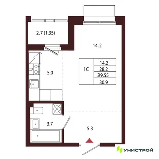 Планировка 1-комн. квартира, 29.55 м² ЖК «Лисино»
