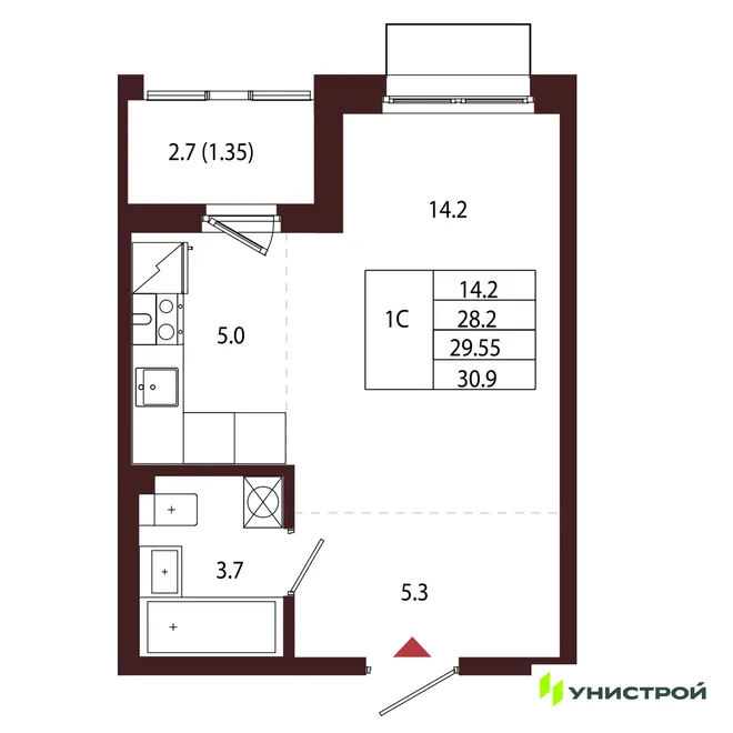 Планировка 1-комн. квартира, 29.55 м² ЖК «Лисино» Планировка 1-комн. квартира, 29.55 м² ЖК «Лисино»