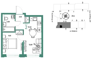 Планировка 2-комн. квартира, 31.43 м² ЖК «Страна.Энтузиастов»