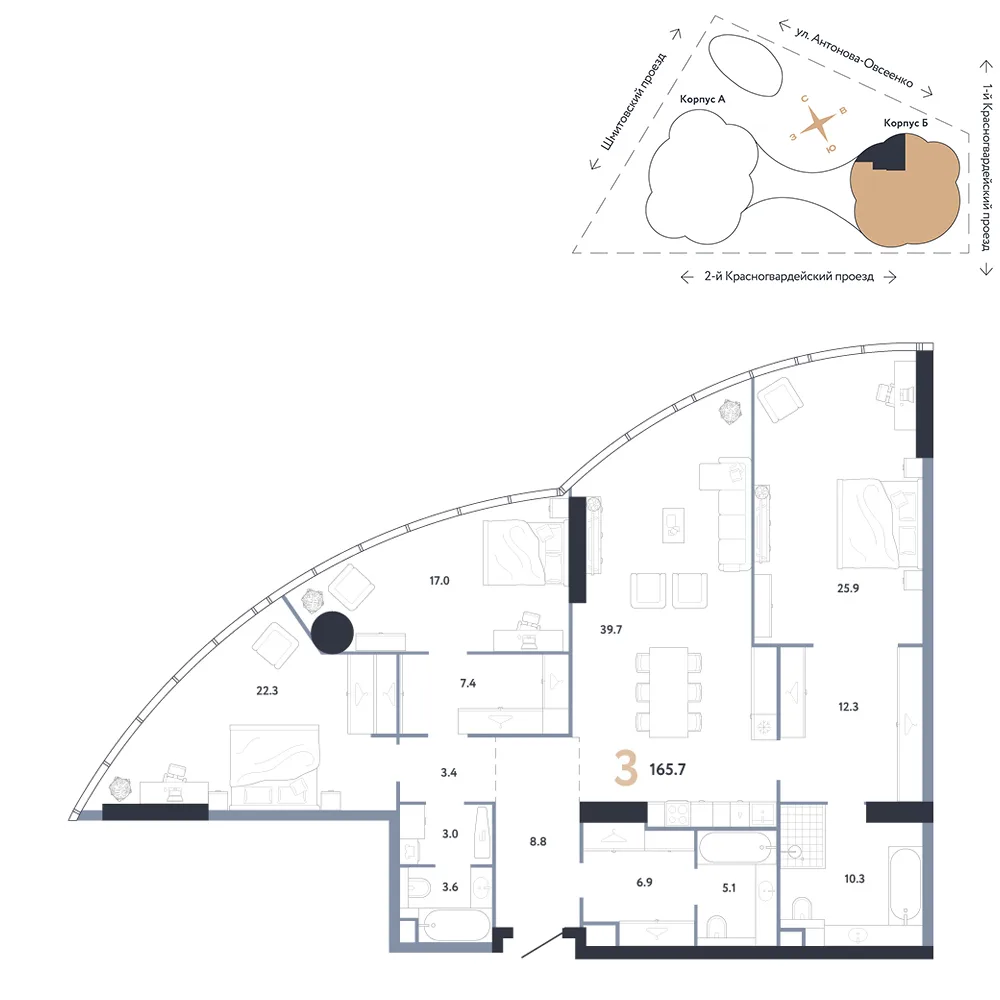 Планировка 3-комн. квартира, 165.7 м² ЖК «АУРУС Резиденции»