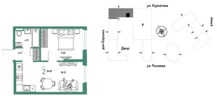 Планировка 2-комн. квартира, 36.81 м² ЖК «Остров-сад»