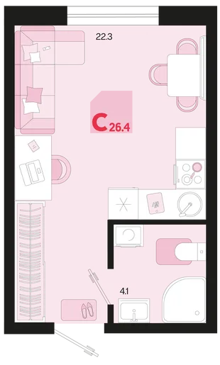 Планировка Студия, 26.4 м² ЖК «Первое место»