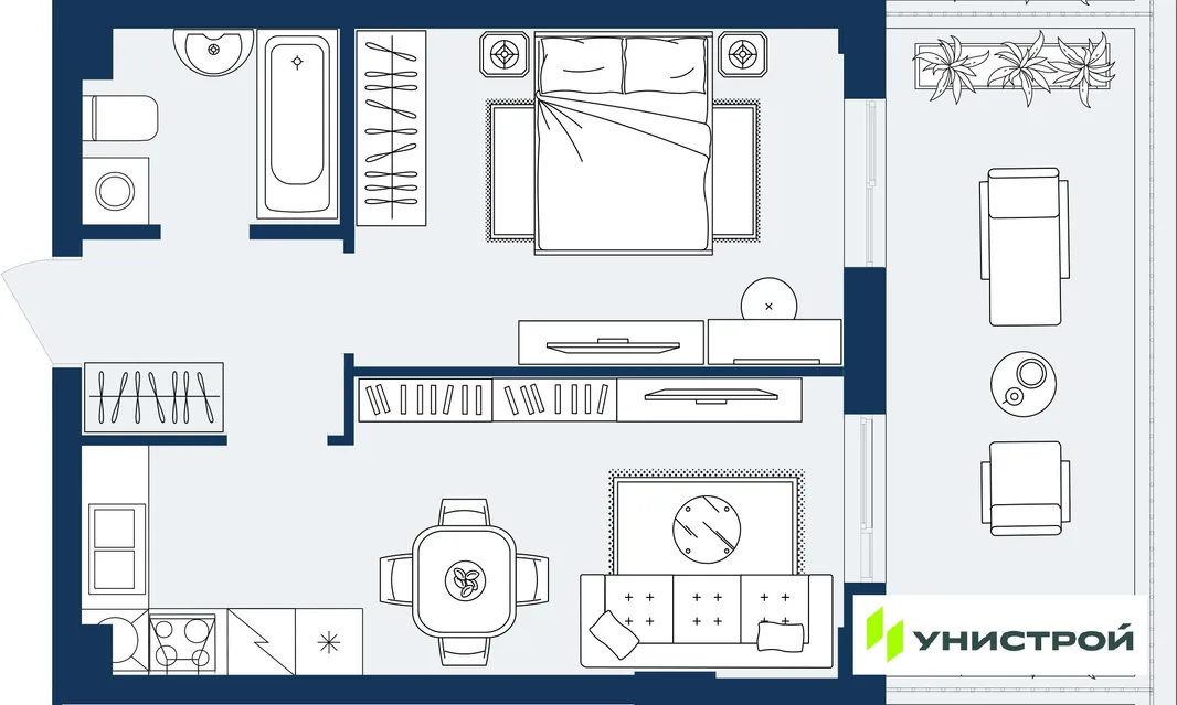 Планировка 1-комн. квартира, 41.53 м² ЖК «ГРАНД БЕРЕГ»