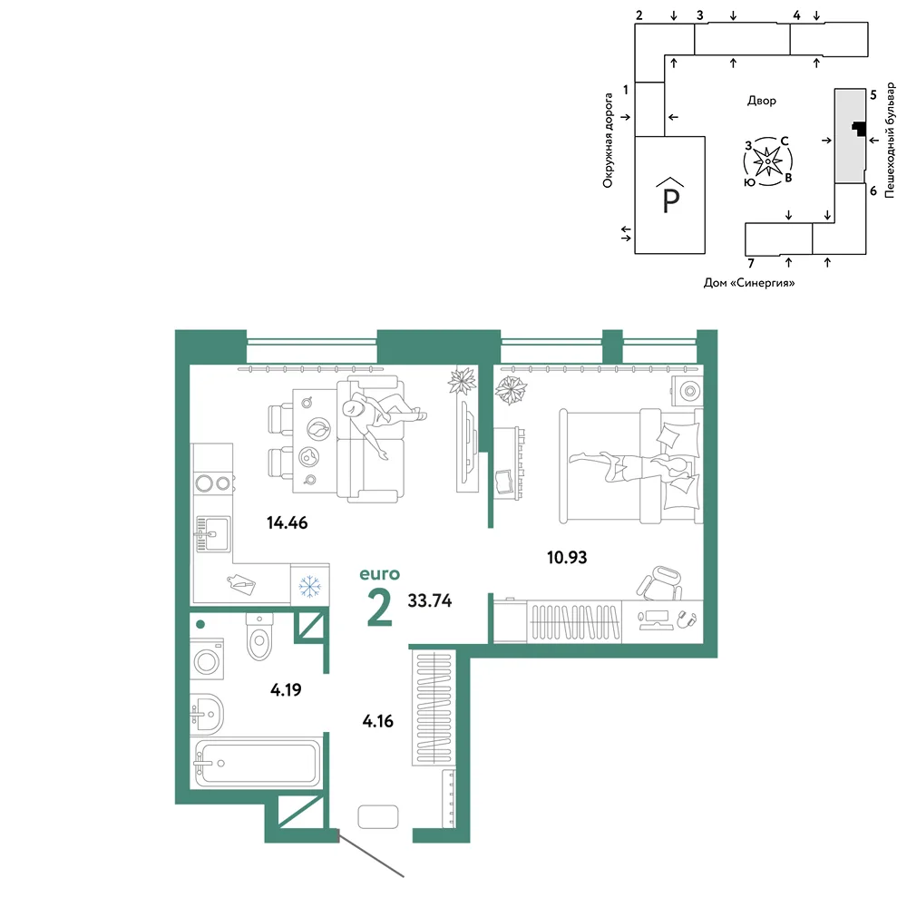 Планировка 2-комн. квартира, 33.74 м² ЖК «Юнион»