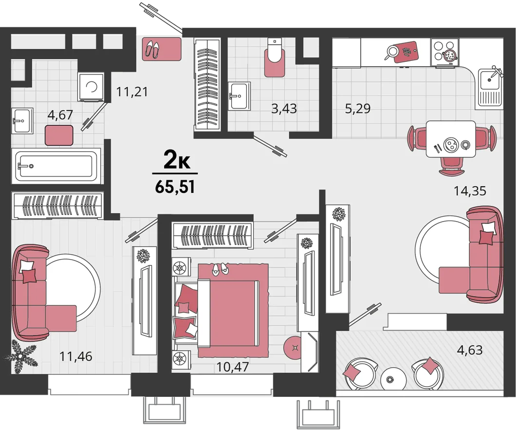 Планировка 3-комн. квартира, 65.51 м² ЖК «Родные просторы»