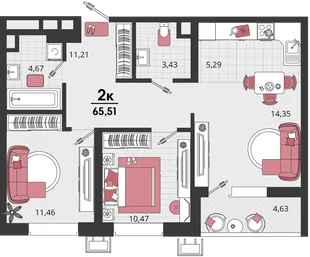 Планировка 3-комн. квартира, 65.51 м² ЖК «Родные просторы»