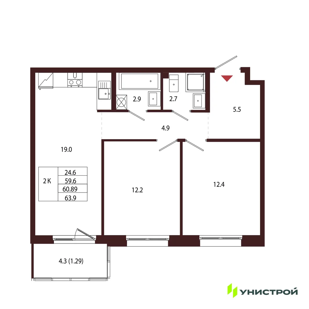 Планировка 2-комн. квартира, 60.89 м² ЖК «Лисино»