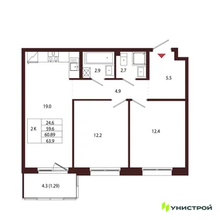 Планировка 2-комн. квартира, 60.89 м² ЖК «Лисино»
