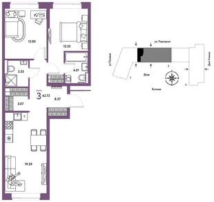 Планировка 3-комн. квартира, 62.87 м² ЖК «Авторский»
