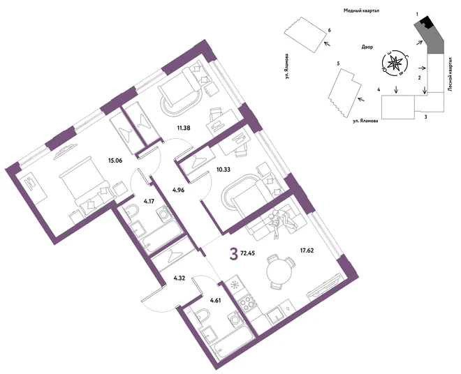 Планировка 3-комн. квартира, 72.45 м² ЖК «Сибирский сад» Планировка 3-комн. квартира, 72.45 м² ЖК «Сибирский сад»