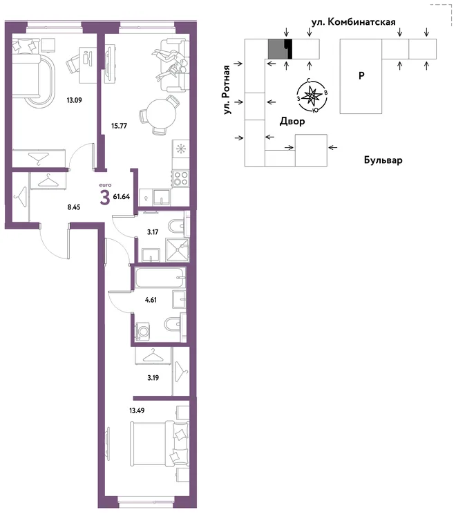 Планировка 3-комн. квартира, 61.64 м² ЖК «Уральский сад» Планировка 3-комн. квартира, 61.64 м² ЖК «Уральский сад»