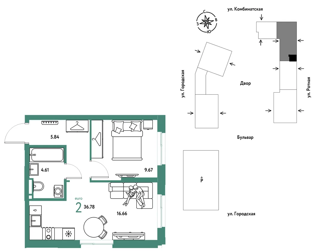 Планировка 2-комн. квартира, 36.78 м² ЖК «Уральский сад»
