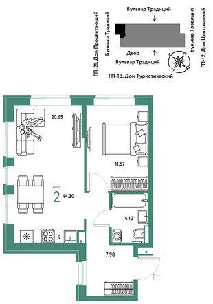 Планировка 2-комн. квартира, 44.3 м² ЖК «Микрорайон Домашний»
