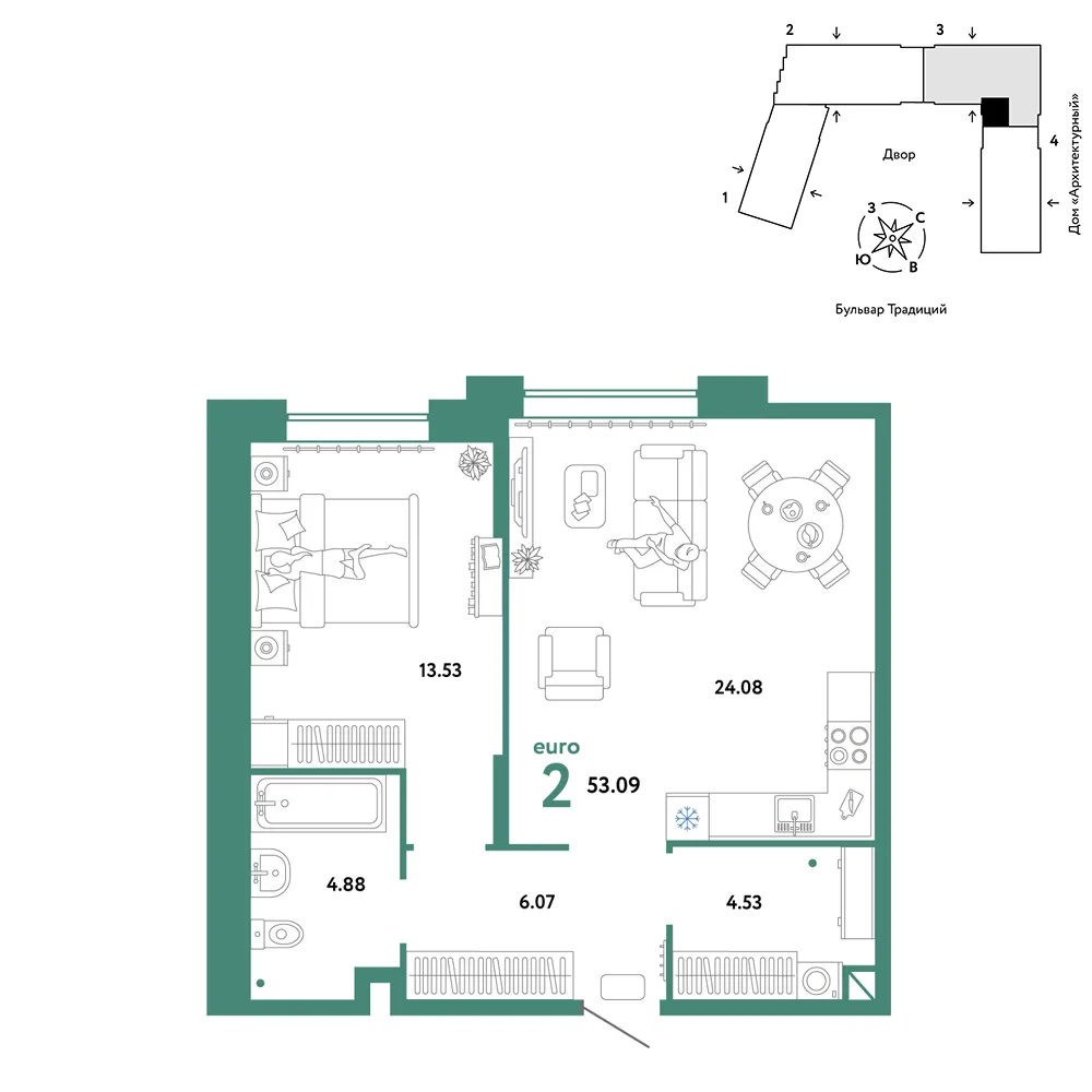 Планировка 2-комн. квартира, 53.09 м² ЖК «Микрорайон Домашний»