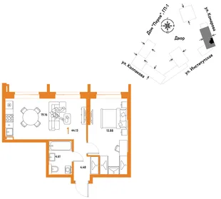 Планировка 1-комн. квартира, 44.13 м² ЖК «Страна.Парковая»