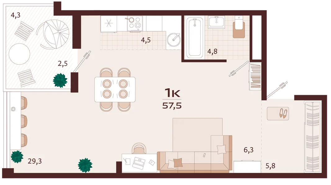 Планировка 1-комн. квартира, 57.5 м² ЖК «Роялта»
