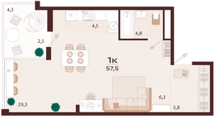 Планировка 1-комн. квартира, 57.5 м² ЖК «Роялта»