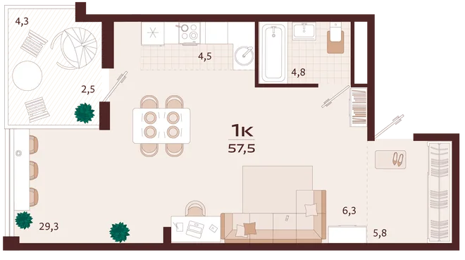 Планировка 1-комн. квартира, 57.5 м² ЖК «Роялта» Планировка 1-комн. квартира, 57.5 м² ЖК «Роялта»