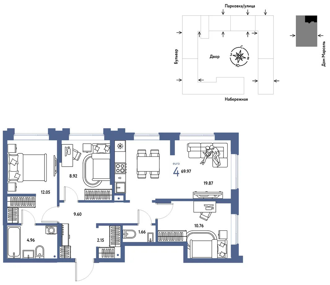 Планировка 4-комн. квартира, 69.97 м² ЖК «Европейский берег 2.0»