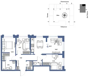 Планировка 4-комн. квартира, 69.97 м² ЖК «Европейский берег 2.0»