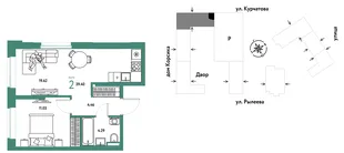 Планировка 2-комн. квартира, 39.4 м² ЖК «Остров-сад»