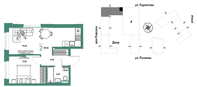 Планировка 2-комн. квартира, 39.4 м² ЖК «Остров-сад»