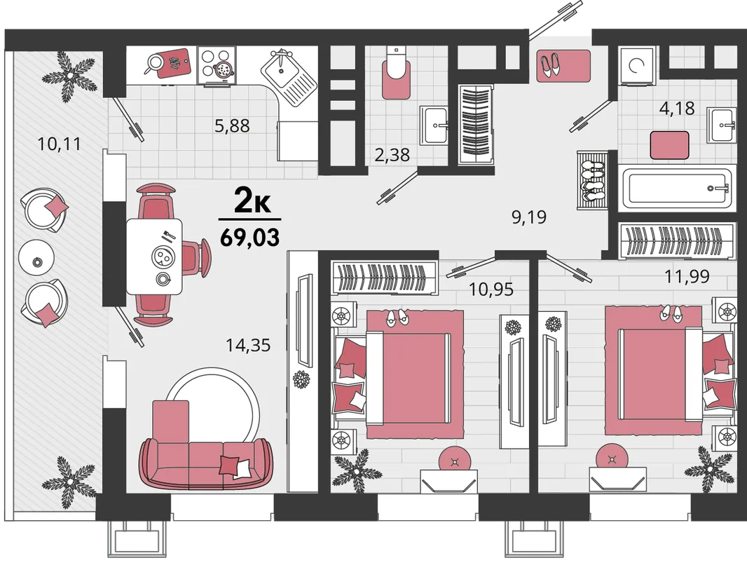 Планировка 3-комн. квартира, 69.03 м² ЖК «Родные просторы»