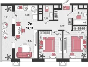 Планировка 3-комн. квартира, 69.03 м² ЖК «Родные просторы»