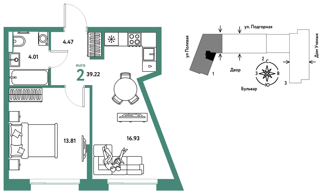 Планировка 2-комн. квартира, 39.31 м² ЖК «Авторский»