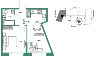 Планировка 2-комн. квартира, 39.31 м² ЖК «Авторский»