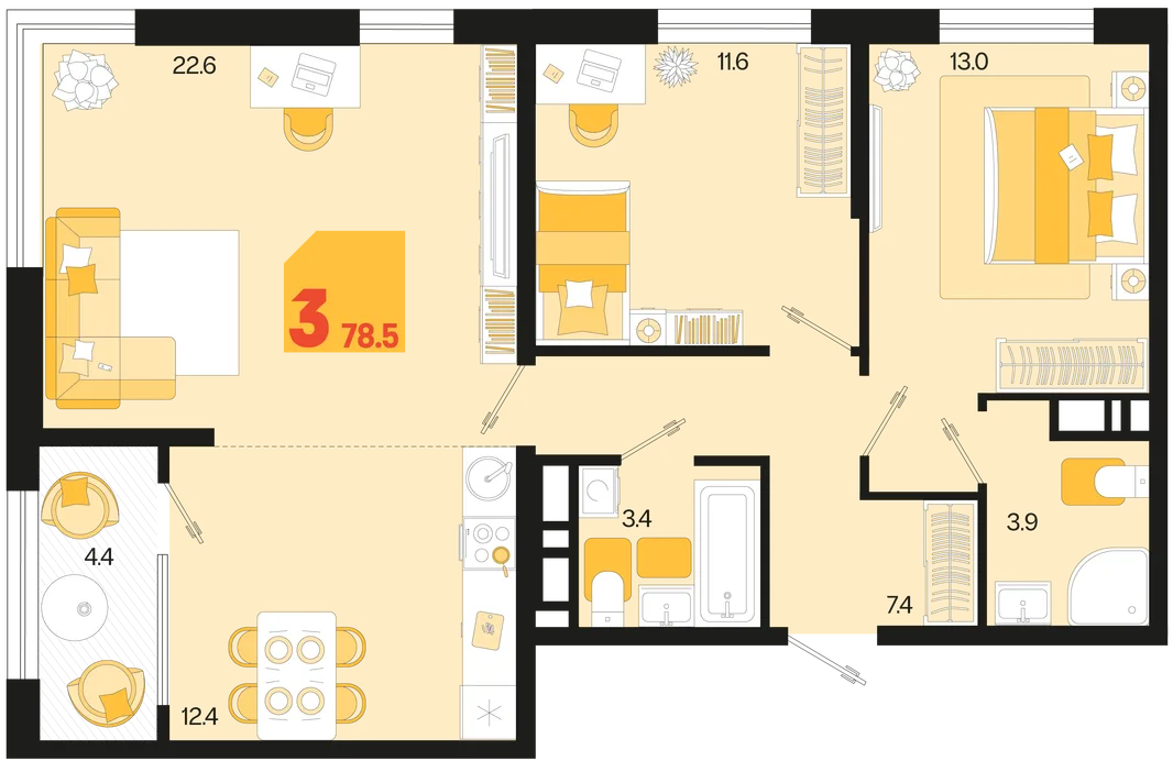 Планировка 3-комн. квартира, 78.5 м² ЖК «Первое место»