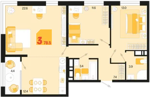 Планировка 3-комн. квартира, 78.5 м² ЖК «Первое место»