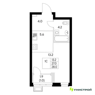 Планировка 1-комн. квартира, 28 м² ЖК «Стадиум»