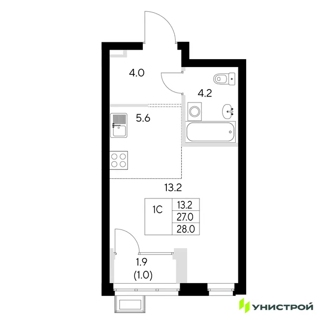 Планировка 1-комн. квартира, 28 м² ЖК «Стадиум»