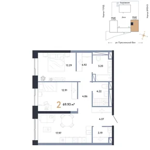 Планировка 2-комн. квартира, 69.93 м² ЖК «Репаблик»