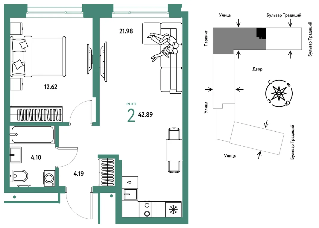 Планировка 2-комн. квартира, 42.89 м² ЖК «Микрорайон Домашний»