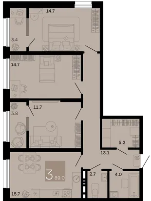 Планировка 3-комн. квартира, 89 м² ЖК «Хозяин морей»