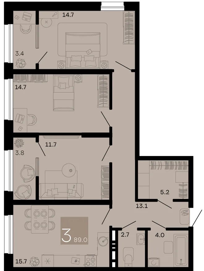 Планировка 3-комн. квартира, 89 м² ЖК «Хозяин морей»