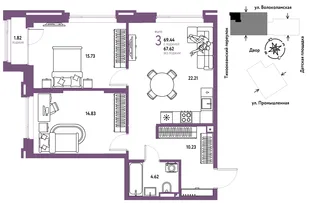 Планировка 3-комн. квартира, 69.44 м² ЖК «Страна Прибрежная»