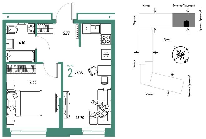 Планировка 2-комн. квартира, 37.9 м² ЖК «Микрорайон Домашний» Планировка 2-комн. квартира, 37.9 м² ЖК «Микрорайон Домашний»