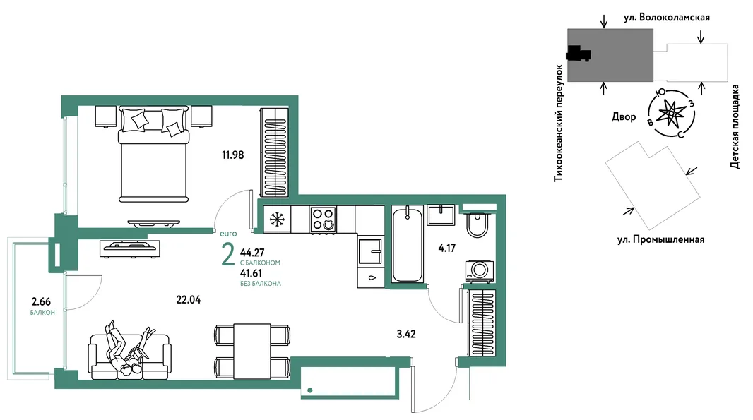 Планировка 2-комн. квартира, 44.27 м² ЖК «Страна Прибрежная»