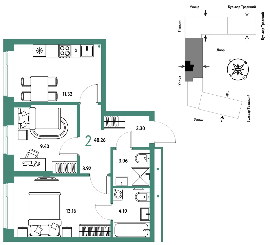 Планировка 2-комн. квартира, 48.26 м² ЖК «Микрорайон Домашний»
